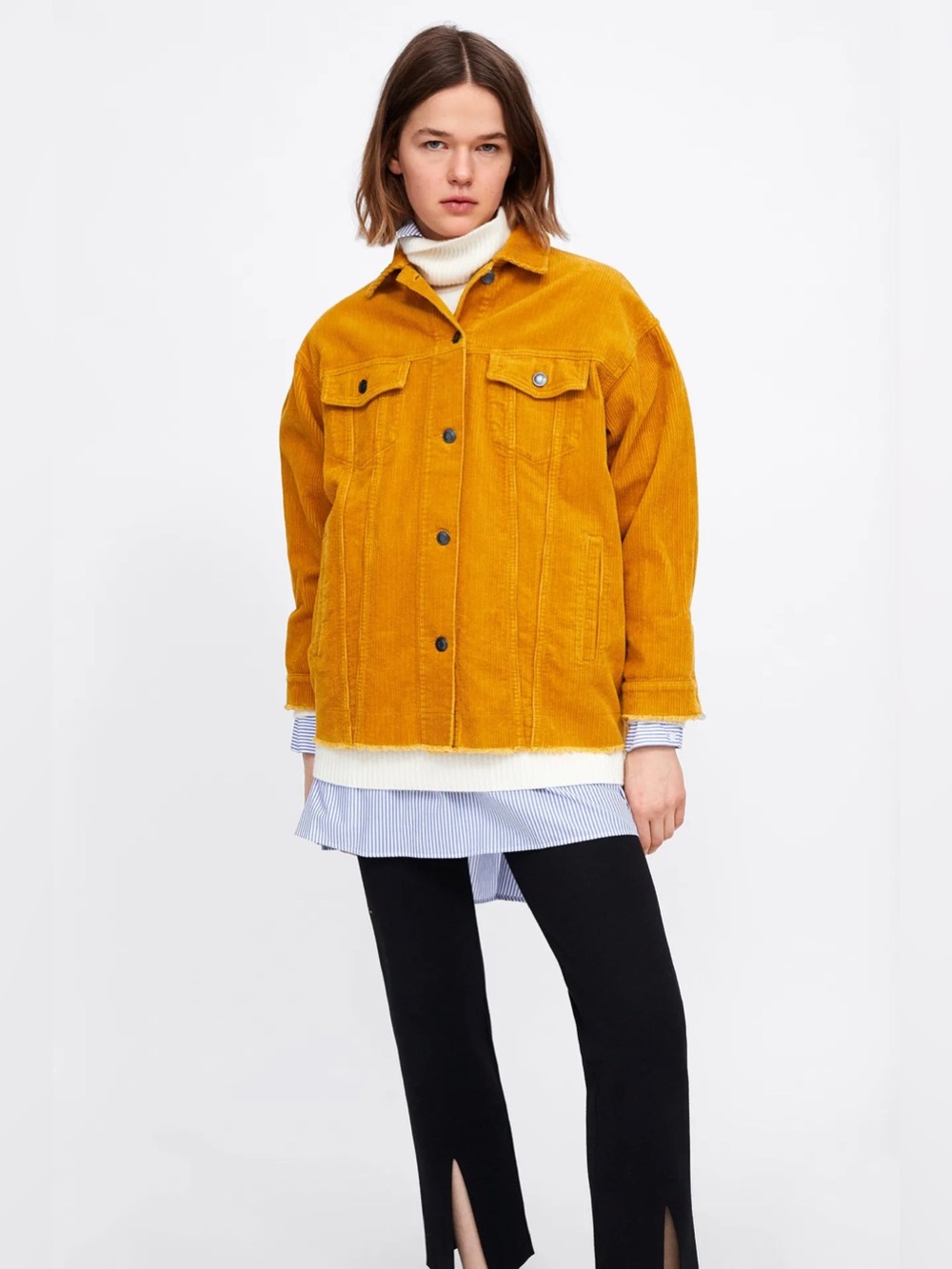 🌻Zara Sell Out Corduroy Jacket Mustard Cropped Oversized Raw Frayed Hem Size S - Picture 3 of 8